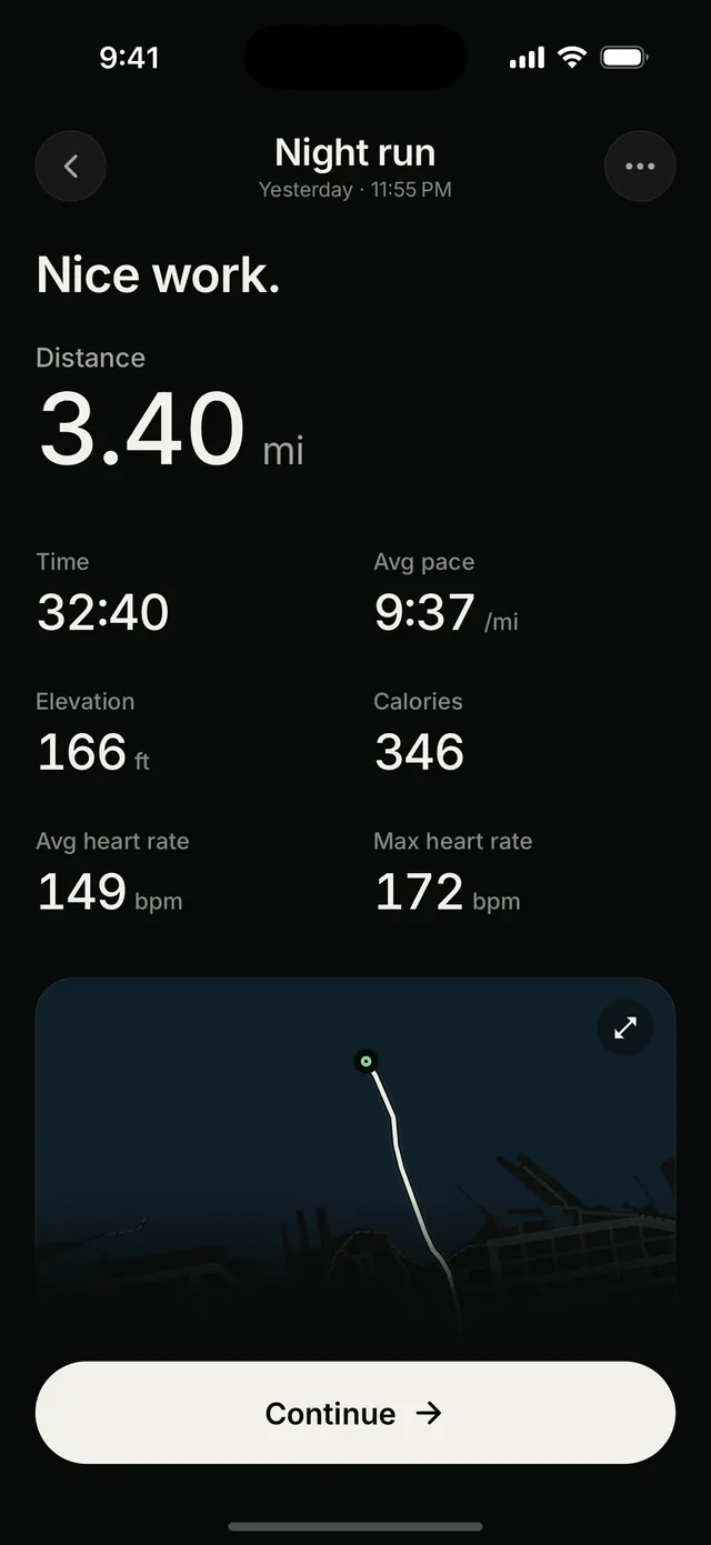 A run summary: distance, time, average pace, elevation, calories and heart rate