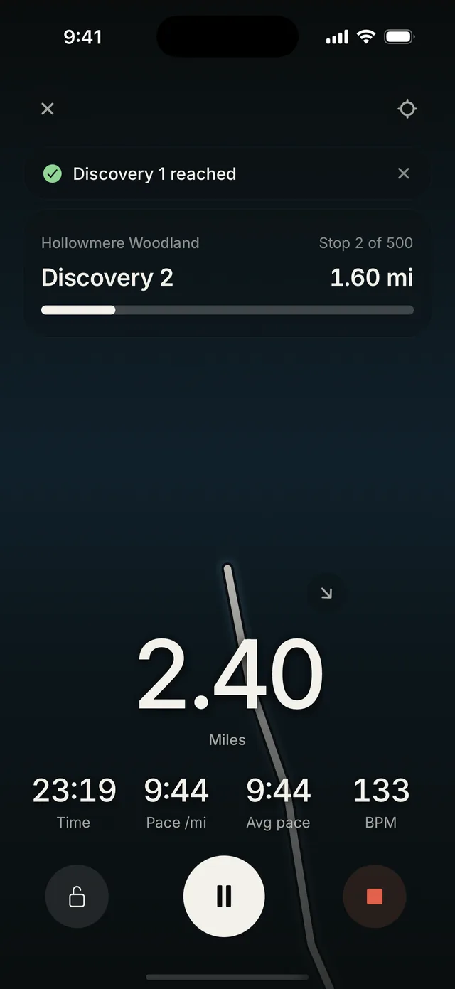 Recording a run in Waybound: 2.40 miles, 9:44 per mile, heart rate 133, and the next discovery 1.60 miles away.