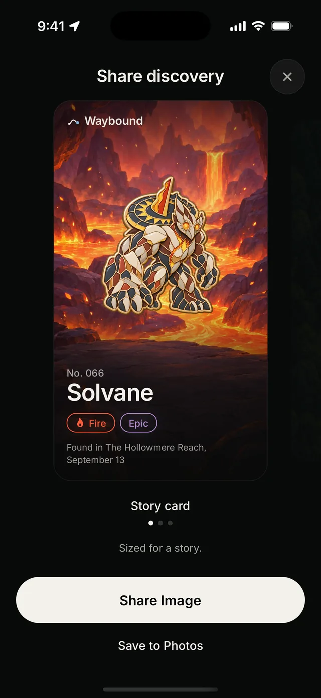 Sharing a discovery in Waybound: a story card for Solvane, an Epic Fire creature, with Share Image and Save to Photos.
