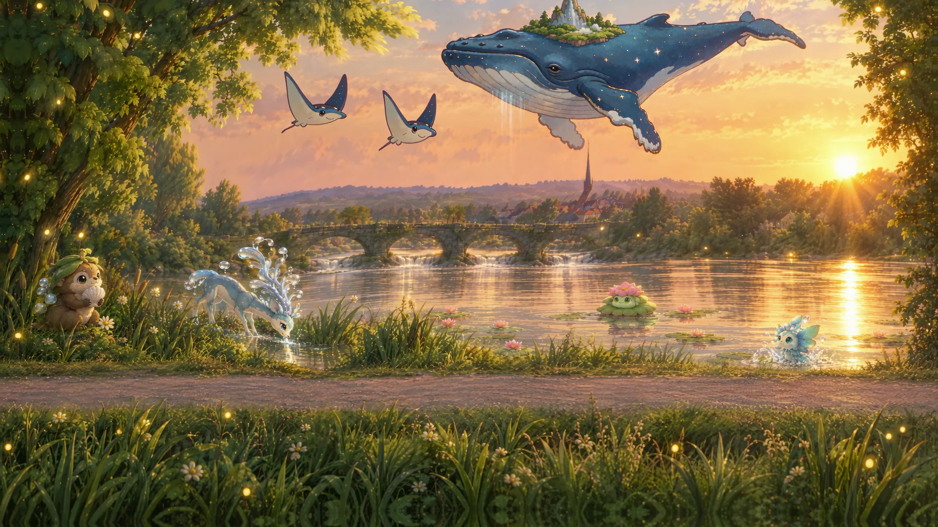 The same moment painted as Waybound, with creatures living along the river