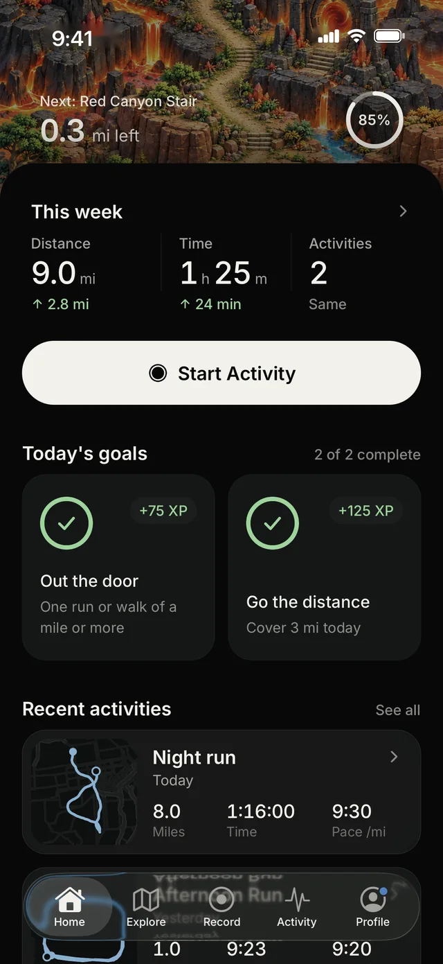 Home: this week, today's goals and recent activities