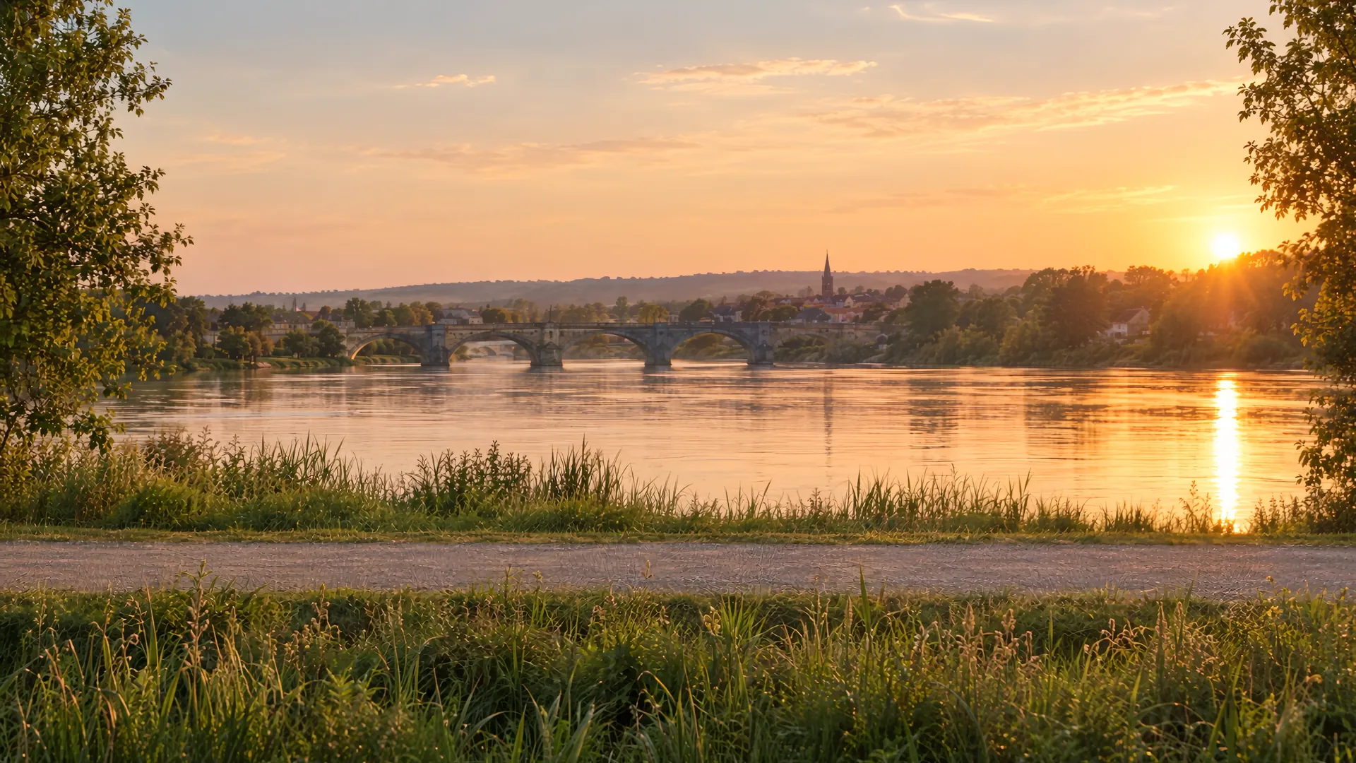 A woman running on a riverside path at sunset